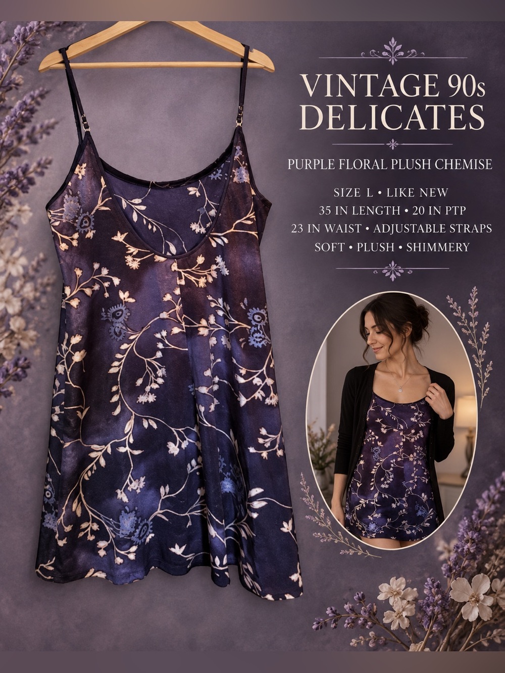Vintage 90s Delicates Purple Floral Plush Chemise Size L